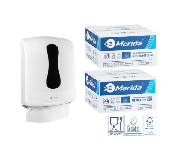 Pojemnik na ręczniki składane MERIDA ONE biały za 1 zł netto przy zakupie 2 kartonów ręczników składanych MERIDA TOP SLIM ECOLABEL VTB210 (2 x 3000 = 6 000 listków)