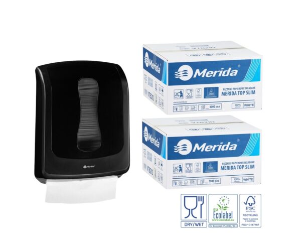 Pojemnik na ręczniki składane MERIDA ONE czarny za 1 zł netto przy zakupie 2 kartonów ręczników składanych MERIDA TOP SLIM ECOLABEL VTB210 (2 x 3000 = 6 000 listków)