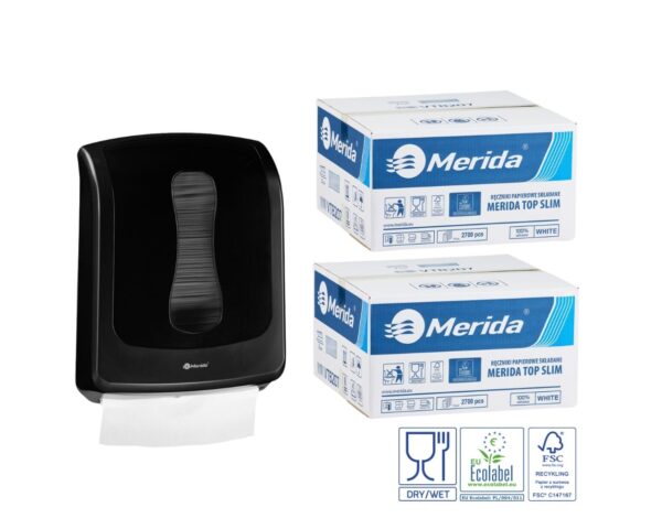 Pojemnik na ręczniki składane MERIDA ONE czarny za 1 zł netto przy zakupie 2 kartonów ręczników składanych MERIDA TOP SLIM ECOLABEL VTB207 (2 x 2700 = 5 400 listków)