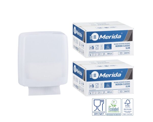 Pojemnik na ręczniki składane MERIDA HARMONY SLIM za 1 zł netto przy zakupie 2 kartonów ręczników składanych MERIDA CLASSIC SLIM ECOLABEL VKB201 (2 x 3000 = 6 000 listków)