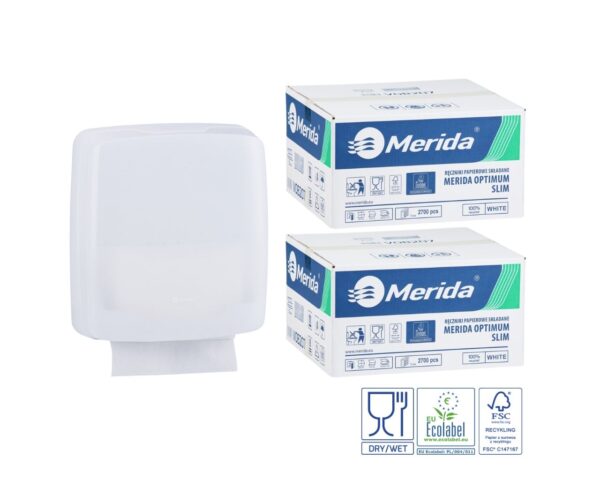 Pojemnik na ręczniki składane MERIDA HARMONY SLIM za 1 zł netto przy zakupie 2 kartonów ręczników składanych MERIDA OPTIMUM SLIM ECOLABEL VOB207 (2 x 2700 = 5 400 listków) Pojemnik na ręczniki składane MERIDA HARMONY SLIM za 1 zł netto przy zakupie 2 kartonów ręczników składanych MERIDA OPTIMUM SLIM ECOLABEL VOB207 (2 x 2700 = 5 400 listków)