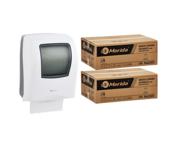 Mechaniczny podajnik ręczników MERIDA ONE biały za 125 zł netto przy zakupie 2 kartonów ręczników MERIDA ECONOMY AUTOMATIC RAZ301 (12 x 250 m = 3 000 m, 11 760 listków)