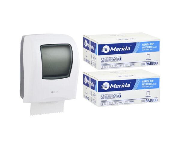 Mechaniczny podajnik ręczników MERIDA ONE biały za 125 zł netto przy zakupie 2 kartonów ręczników MERIDA TOP AUTOMATIC RAB309 (12 x 140 m = 1 680 m, 6 588 listków)