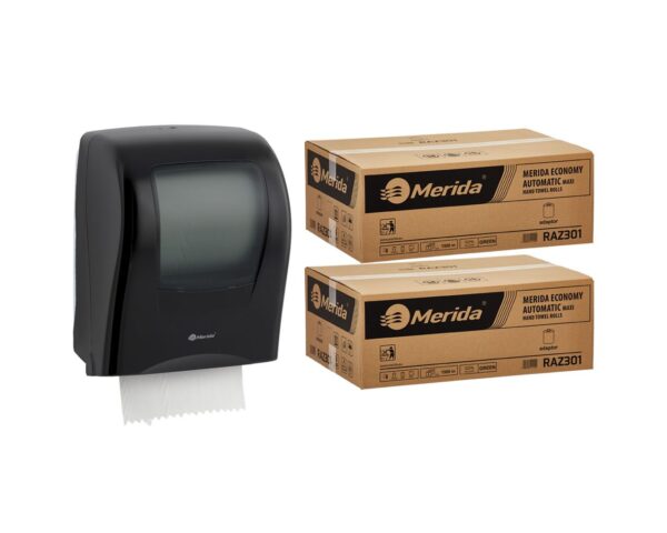 Mechaniczny podajnik ręczników MERIDA ONE czarny za 125 zł netto przy zakupie 2 kartonów ręczników MERIDA ECONOMY AUTOMATIC RAZ301 (12 x 250 m = 3 000 m, 11 760 listków) Mechaniczny podajnik ręczników MERIDA ONE czarny za 125 zł netto przy zakupie 2 kartonów ręczników MERIDA ECONOMY AUTOMATIC RAZ301 (12 x 250 m = 3 000 m, 11 760 listków)