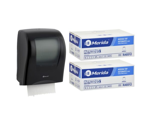 Mechaniczny podajnik ręczników MERIDA ONE czarny za 125 zł netto przy zakupie 2 kartonów ręczników MERIDA TOP AUTOMATIC RAB312 (12 x 240 m = 2 800 m, 11 292 listki)