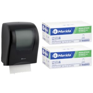 Mechaniczny podajnik ręczników MERIDA ONE czarny za 125 zł netto przy zakupie 2 kartonów ręczników MERIDA OPTIMUM AUTOMATIC RAB302 (12 x 250 m = 3 000 m, 11 760 listków)