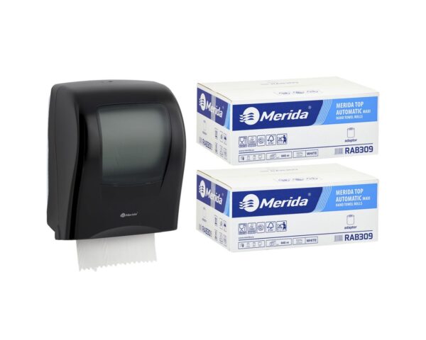Mechaniczny podajnik ręczników MERIDA ONE czarny za 125 zł netto przy zakupie 2 kartonów ręczników MERIDA TOP AUTOMATIC RAB309 (12 x 140 m = 1 680 m, 6 588 listków)