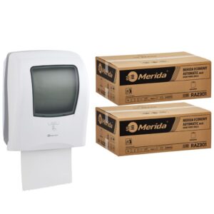 Automatyczny bezdotykowy podajnik ręczników MERIDA ONE biały za 250 zł netto przy zakupie 2 kartonów ręczników MERIDA ECONOMY AUTOMATIC RAZ301 (12 x 250 m = 3 000 m, 11 760 listków)