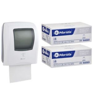 Automatyczny bezdotykowy podajnik ręczników MERIDA ONE biały za 250 zł netto przy zakupie 2 kartonów ręczników MERIDA CLASSIC AUTOMATIC RAB301 (12 x 250 m = 3 000 m, 11 760 listków)