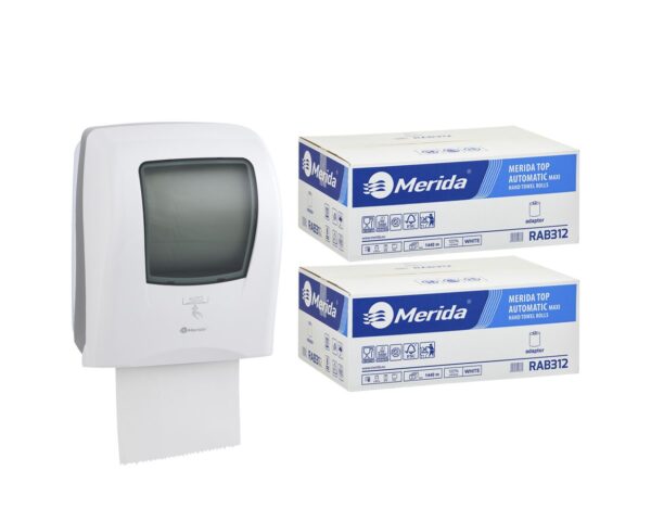 Automatyczny bezdotykowy podajnik ręczników MERIDA ONE biały za 250 zł netto przy zakupie 2 kartonów ręczników MERIDA OPTIMUM AUTOMATIC RAB312 (12 x 250 m = 3 000 m, 11 760 listków)