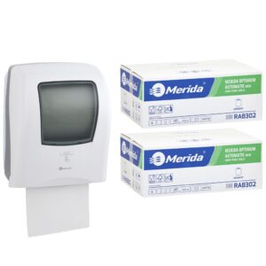 Automatyczny bezdotykowy podajnik ręczników MERIDA ONE biały za 250 zł netto przy zakupie 2 kartonów ręczników MERIDA OPTIMUM AUTOMATIC RAB302 (12 x 250 m = 3 000 m, 11 760 listków)
