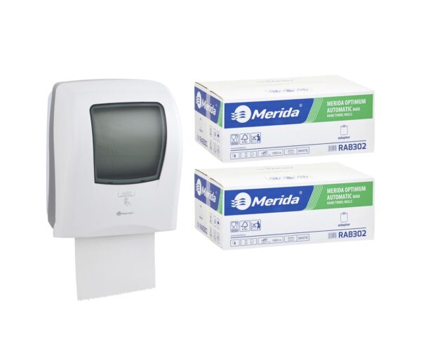 Automatyczny bezdotykowy podajnik ręczników MERIDA ONE biały za 250 zł netto przy zakupie 2 kartonów ręczników MERIDA OPTIMUM AUTOMATIC RAB302 (12 x 250 m = 3 000 m, 11 760 listków)
