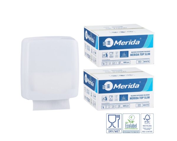 Pojemnik na ręczniki składane MERIDA HARMONY za 1 zł netto przy zakupie 2 kartonów ręczników składanych MERIDA TOP SLIM ECOLABEL VTB210 (2 x 3000 = 6 000 listków) Pojemnik na ręczniki składane MERIDA HARMONY za 1 zł netto przy zakupie 2 kartonów ręczników składanych MERIDA TOP SLIM ECOLABEL VTB210 (2 x 3000 = 6 000 listków)