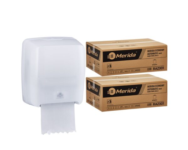 Mechaniczny podajnik ręczników MERIDA HARMONY za 100 zł netto przy zakupie 2 kartonów ręczników MERIDA ECONOMY AUTOMATIC RAZ301 (12 x 250 m = 3 000 m, 11 100 listków)