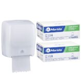 Mechaniczny podajnik ręczników MERIDA HARMONY za 100 zł netto przy zakupie 2 kartonów ręczników MERIDA OPTIMUM AUTOMATIC RAB302 (12 x 250 m = 3 000 m, 11 100 listków)