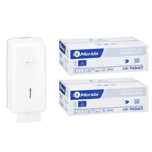 Pojemnik na papier toaletowy w listkach MERIDA ONE za 1 zł netto przy zakupie 2 kartonów papierów toaletowych MERIDA CLASSIC PKB401 (18 000 listków)