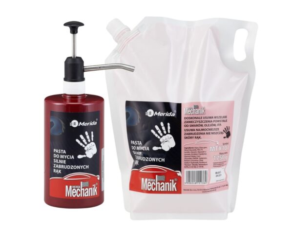 Zestaw pasta do mycia silnie zabrudzonych rąk MERIDA MECHANIK, rubinowa butelka z pompką, 500 g + wkład 1750 g do uzupełnienia