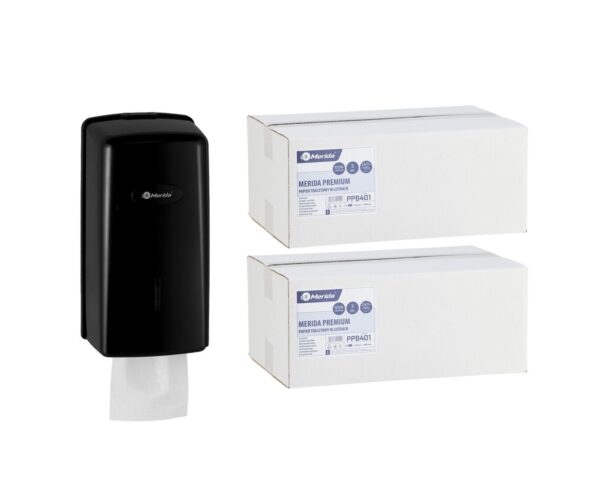 Pojemnik na papier toaletowy w listkach MERIDA ONE za 1 zł netto przy zakupie 2 kartonów papierów toaletowych MERIDA PREMIUM PPB401 (9 600 listków)