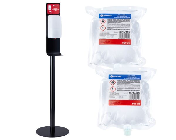 Wolnostojący zestaw do dezynfekcji rąk z automatycznym bezdotykowym dozownikiem MERIDA HARMONY AUTOMATIC i 2 wkłady z płynem MERIDA POLANA DDR+