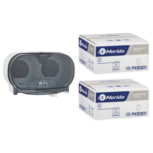 Pojemnik na dwie rolki papieru toaletowego bez gilzy MERIDA ONE biały za 50 zł netto przy zakupie 2 kartonów papiery toaletowego MERIDA CLASSIC (36 x 125 m = 4500 m, 18 000 listków)