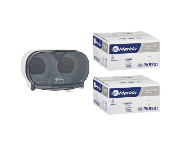 Pojemnik na dwie rolki papieru toaletowego bez gilzy MERIDA ONE biały za 50 zł netto przy zakupie 2 kartonów papiery toaletowego MERIDA CLASSIC (36 x 125 m = 4500 m, 18 000 listków)