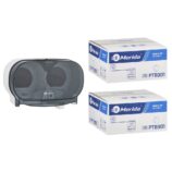 Pojemnik na dwie rolki papieru toaletowego bez gilzy MERIDA ONE biały za 50 zł netto przy zakupie 2 kartonów papiery toaletowego MERIDA TOP PTB301 (36 x 85 m = 3060 m, 12 240 listków)