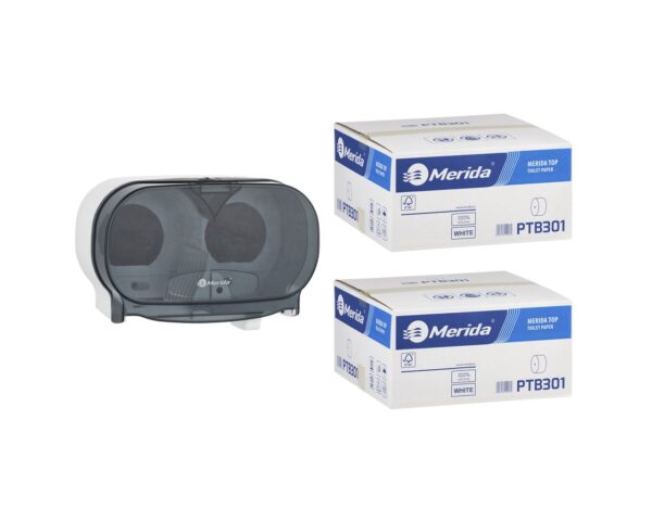 Pojemnik na dwie rolki papieru toaletowego bez gilzy MERIDA ONE biały za 50 zł netto przy zakupie 2 kartonów papiery toaletowego MERIDA TOP PTB301 (36 x 85 m = 3060 m, 12 240 listków)