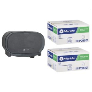 Pojemnik na dwie rolki papieru toaletowego bez gilzy MERIDA ONE czarny za 50 zł netto przy zakupie 2 kartonów papiery toaletowego MERIDA OPTIMUM POB301 (36 x 85 m = 3060 m, 12 240 listków)