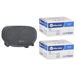 Pojemnik na dwie rolki papieru toaletowego bez gilzy MERIDA ONE czarny za 50 zł netto przy zakupie 2 kartonów papiery toaletowego MERIDA TOP PTB301 (36 x 85 m = 3060 m, 12 240 listków)