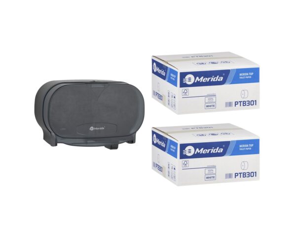 Pojemnik na dwie rolki papieru toaletowego bez gilzy MERIDA ONE czarny za 50 zł netto przy zakupie 2 kartonów papiery toaletowego MERIDA TOP PTB301 (36 x 85 m = 3060 m, 12 240 listków)
