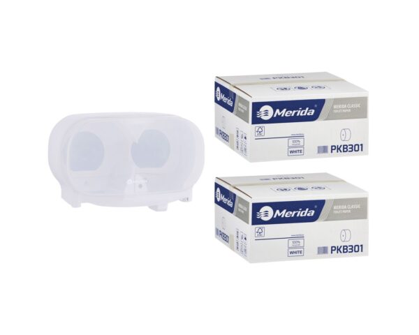 Pojemnik na dwie rolki papieru toaletowego bez gilzy MERIDA HARMONY za 50 zł netto przy zakupie 2 kartonów papiery toaletowego MERIDA CLASSIC PKB301 (36 x 125 m = 4500 m, 18 000 listków)