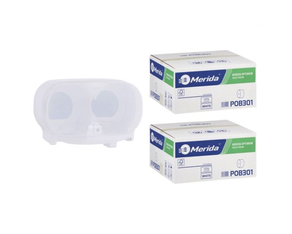 Pojemnik na dwie rolki papieru toaletowego bez gilzy MERIDA HARMONY za 50 zł netto przy zakupie 2 kartonów papiery toaletowego MERIDA OPTIMUM (36 x 85 m = 3060 m, 12 240 listków)