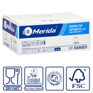 Ręczniki papierowe w roli z adaptorem MERIDA TOP AUTOMATIC MAXI, niebieskie, średnica 19 cm, długość 140 m, dwuwarstwowe, karton 6 rolek, ECOLABEL