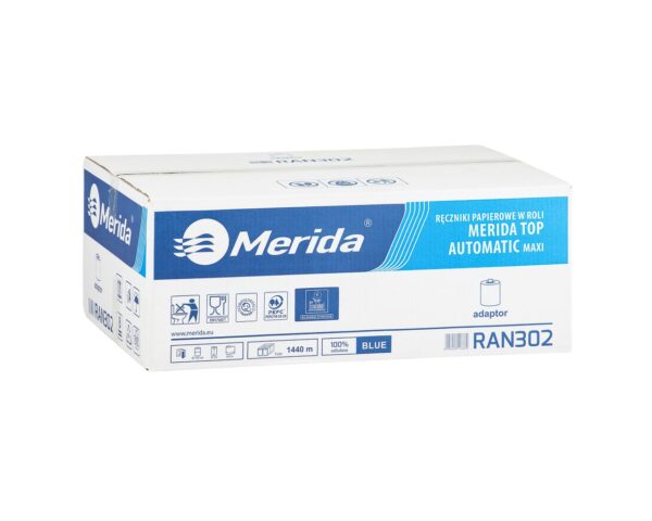 Ręczniki papierowe w roli z adaptorem MERIDA TOP AUTOMATIC MAXI, niebieskie, średnica 19,5 cm, długość 240 m, dwuwarstwowe, karton 6 rolek