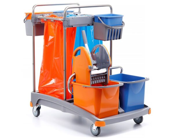 Zestaw do sprzątania, stelaż ze stali nierdzewnej, dwa worki 70 l, dwa wiadra 20 l, 3 wiadra pomocnicze 6 l, prasa do mopów, TSS-0014