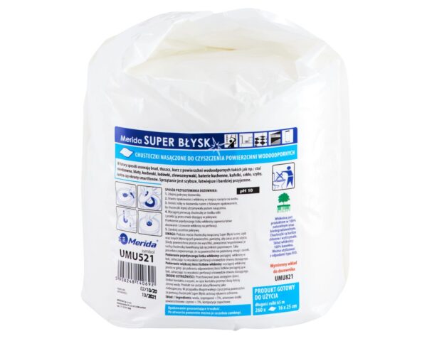 Chusteczki nasączone do czyszczenia powierzchni wodoodpornych MERIDA SUPER BŁYSK, wkład uzupełniający do wiadra 6 l, rolka 65 m, 260 listków
