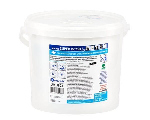 Chusteczki nasączone do czyszczenia powierzchni wodoodpornych MERIDA SUPER BŁYSK, wiadro 6 l, rolka 65 m, 260 listków