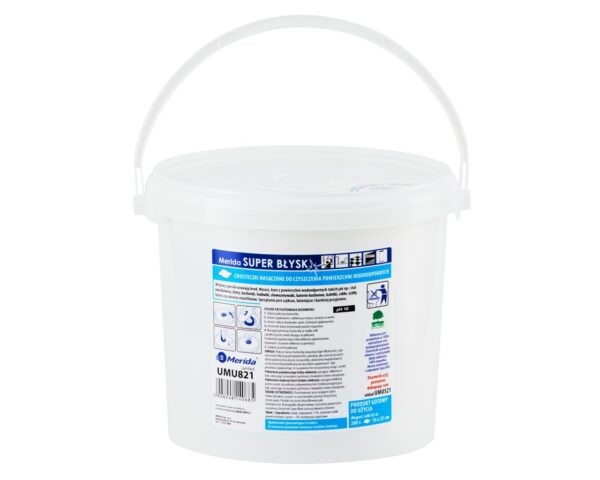 Chusteczki nasączone do czyszczenia powierzchni wodoodpornych MERIDA SUPER BŁYSK, wiadro 6 l, rolka 65 m, 260 listków Chusteczki nasączone do czyszczenia powierzchni wodoodpornych MERIDA SUPER BŁYSK, wiadro 6 l, rolka 65 m, 260 listków