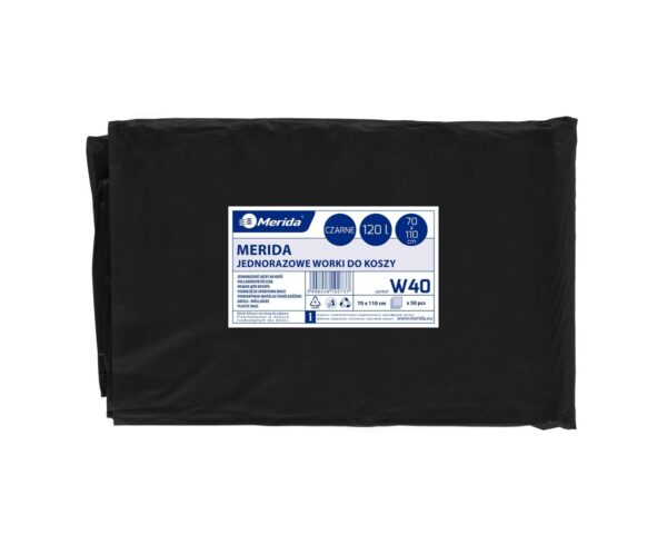 Worki na śmieci MERIDA, 70 x 110 cm, pojemność 120 l, paczka 50 szt., CZARNE, LDPE