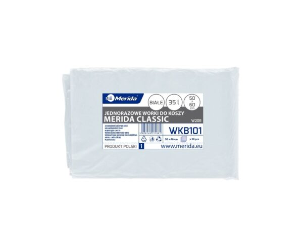Worki na śmieci MERIDA, 50 x 60 cm, pojemność 35 l, paczka 50 szt., BIAŁE, LDPE Worki na śmieci MERIDA, 50 x 60 cm, pojemność 35 l, paczka 50 szt., BIAŁE, LDPE
