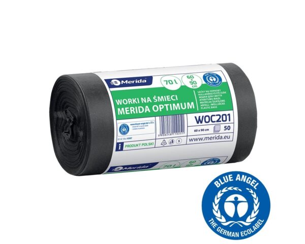 Worki na śmieci 70 l, MERIDA OPTIMUM BLUE ANGEL, czarne, 60x90 cm, rolka 50 szt.