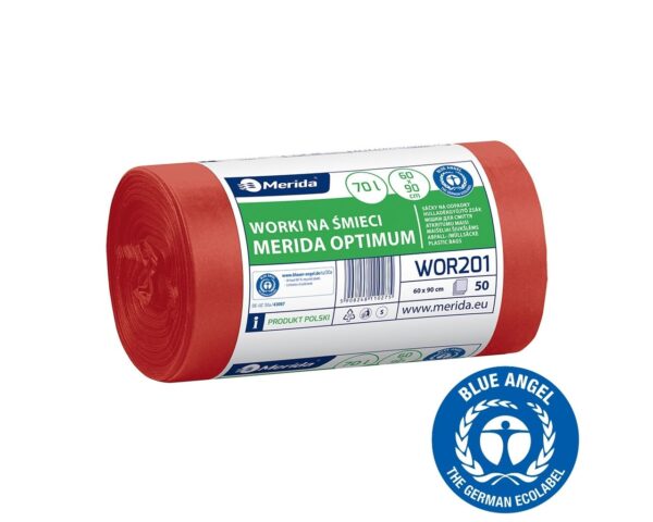 Worki na odpady medyczne 70 l, MERIDA OPTIMUM BLUE ANGEL, czerwone, 60x90, rolka 50 szt.