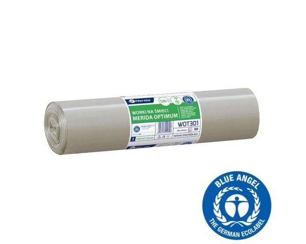 Worki na śmieci 120 l, MERIDA OPTIMUM BLUE ANGEL, bezbarwne, 70x110 cm, rolka 50 szt.