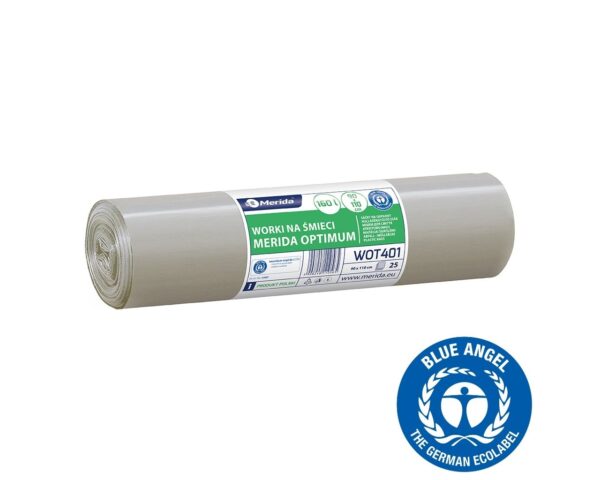 Worki na śmieci 160 l, MERIDA OPTIMUM BLUE ANGEL, bezbarwne, 90x110 cm, rolka 25 szt.