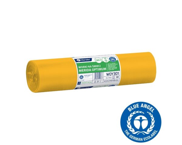 Worki na śmieci 120 l, MERIDA OPTIMUM BLUE ANGEL, żółte, 70x110 cm, rolka 50 szt.