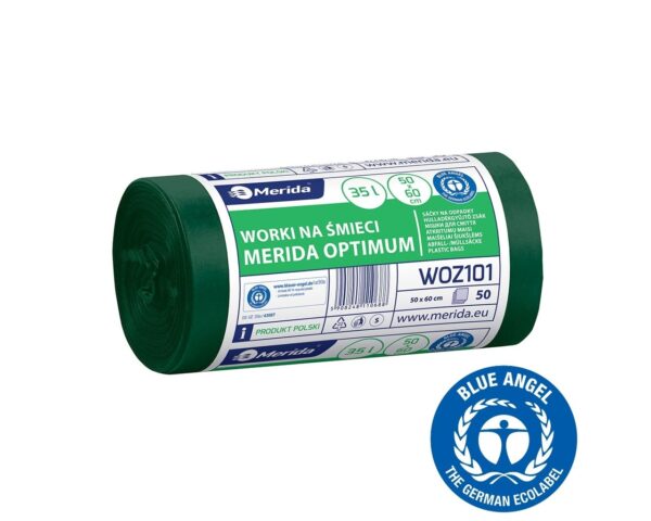 Worki na śmieci 35 l, MERIDA OPTIMUM BLUE ANGEL, zielone, 50x60 cm, rolka 50 szt.