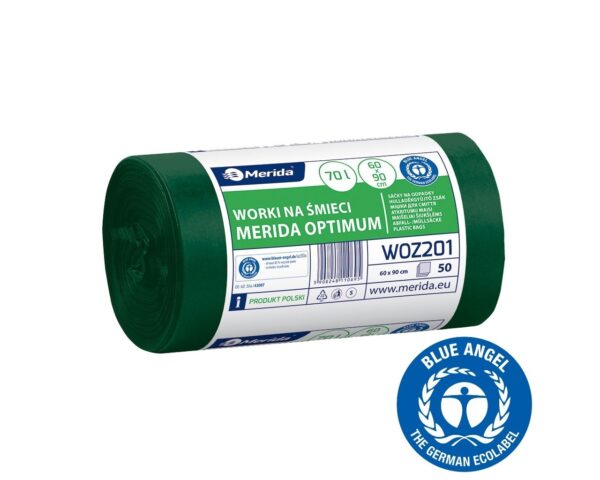 Worki na śmieci 70 l, MERIDA OPTIMUM BLUE ANGEL, zielone, 60x90 cm, rolka 50 szt.