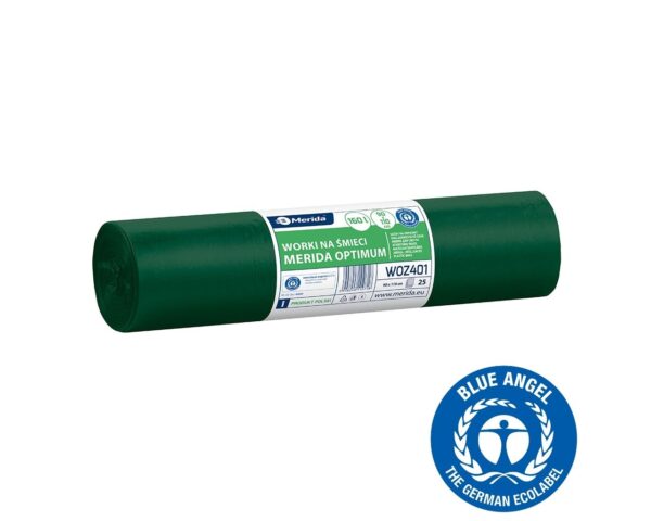 Worki na śmieci 160 l, MERIDA OPTIMUM BLUE ANGEL, zielone, 90x110 cm, rolka 25 szt.