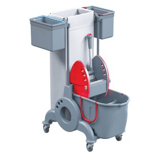 Wózek serwisowy do sprzątania, jednowiadrowy, wiadro dwukomorowe 15 l + 10 l, dwa wiaderka serwisowe 7 l, uchwyt na worek 90 l, worek z tworzywa sztucznego