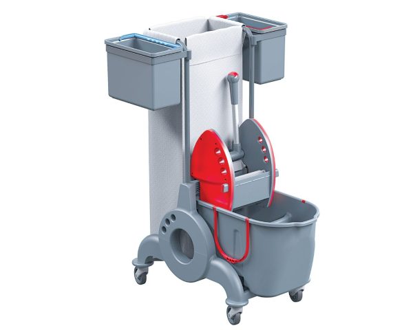 Wózek serwisowy do sprzątania, jednowiadrowy, wiadro dwukomorowe 15 l + 10 l, dwa wiaderka serwisowe 7 l, uchwyt na worek 90 l, worek z tworzywa sztucznego
